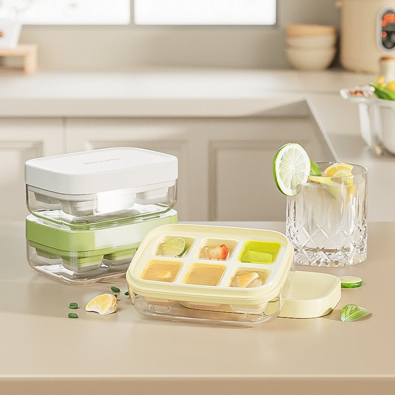 Forma pentru gheata cu presa Flippy, din silicon alimentar, 6 cuburi, caserola pentru depozitare, usor de folosit si