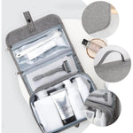 Geanta cosmetice voiaj, Flippy, material panza, impermeabil, 3 compartimente, cu agatatoare, Gri, 47 x 28 x 20 cm