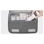 Geanta cosmetice voiaj, Flippy, material panza, impermeabil, 3 compartimente, cu agatatoare, Gri, 47 x 28 x 20 cm