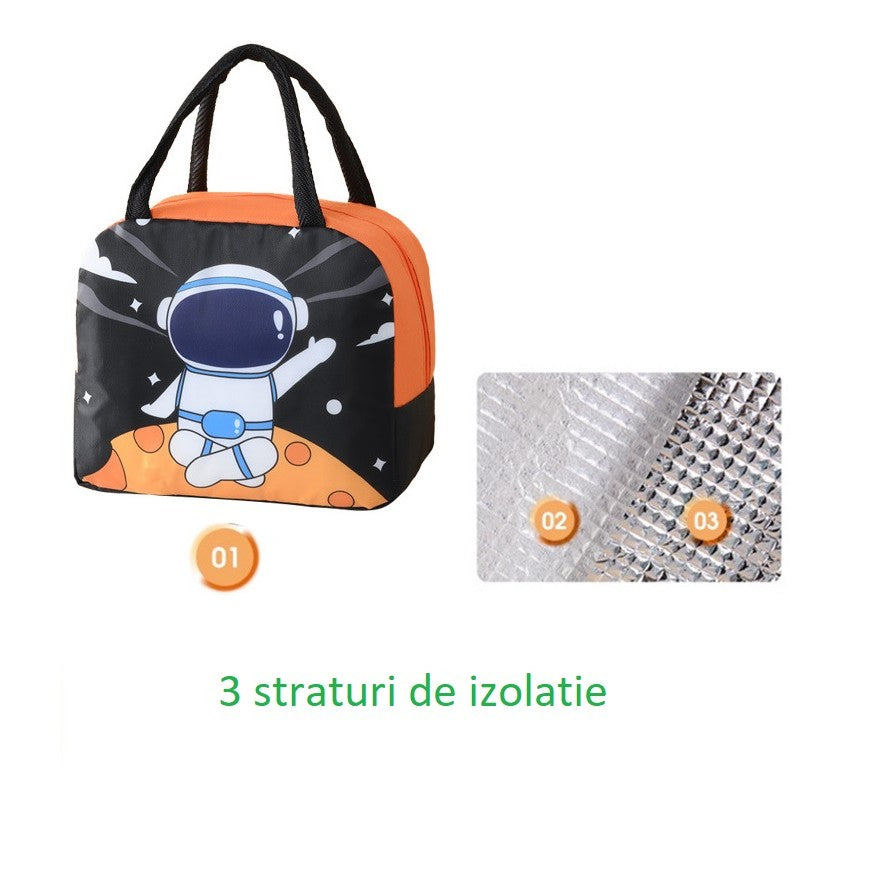 Geanta Termoizolanta pentru Copii, Flippy, 23x13x19 cm, Model Imprimeu Astronaut, din Folie de Aluminiu si Panza