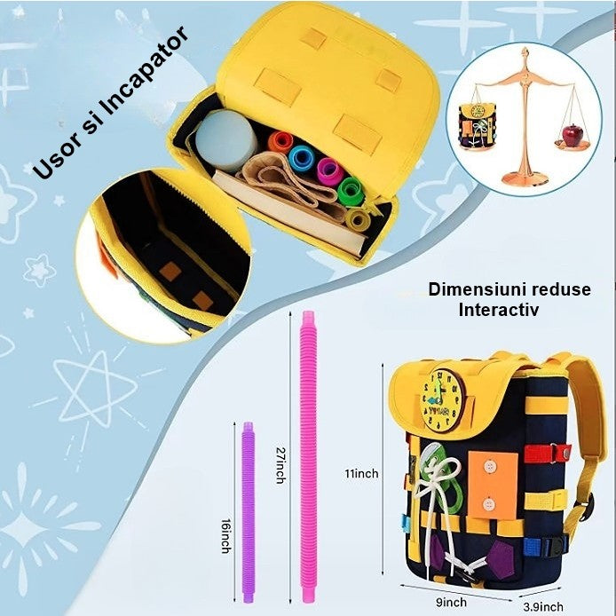 Ghiozdan Montessori, Flippy, pentru Copii 2-6 ani, Fidget Pop, cu Catarame si Fermoare, Jucarii Senzoriale, Activitate