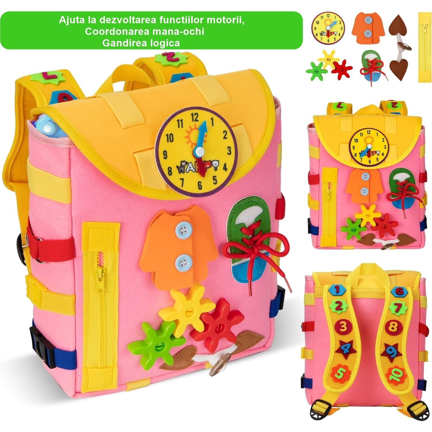 Ghiozdan Montessori, Flippy, pentru Copii 2-6 ani, Fidget Pop, cu Catarame si Fermoare, Jucarii Senzoriale, Activitate