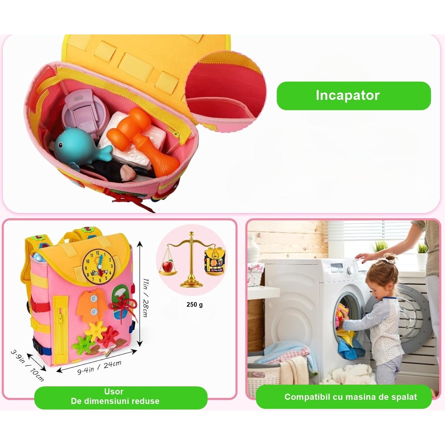 Ghiozdan Montessori, Flippy, pentru Copii 2-6 ani, Fidget Pop, cu Catarame si Fermoare, Jucarii Senzoriale, Activitate