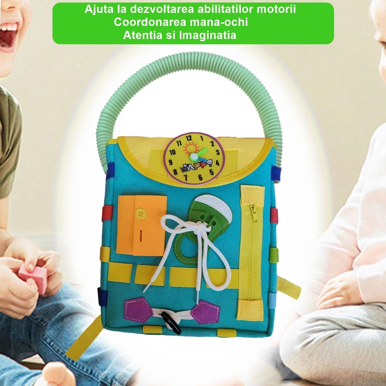 Ghiozdan Montessori, Flippy, pentru Copii 2-6 ani, Fidget Pop, cu Catarame si Fermoare, Jucarii Senzoriale, Activitate
