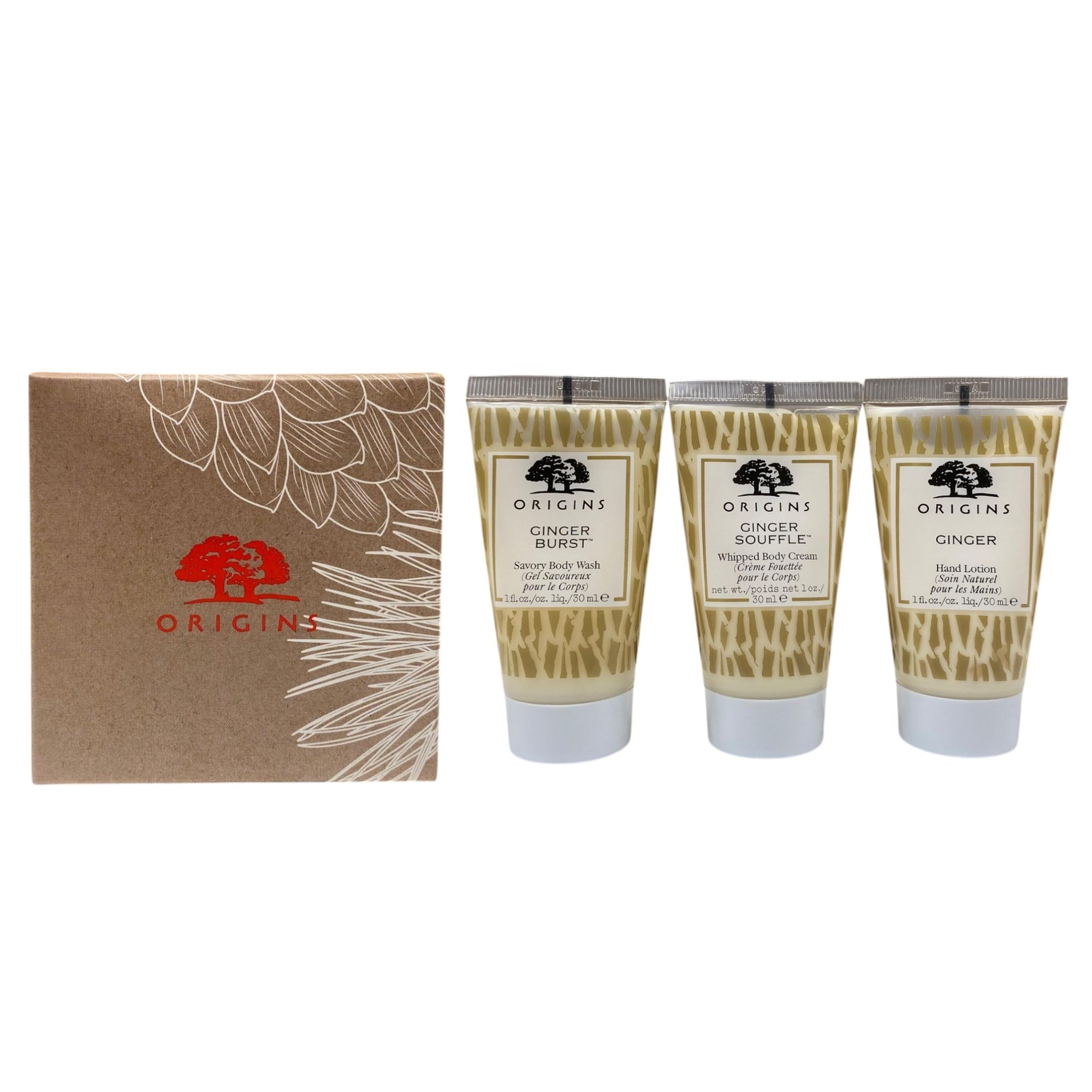 Gift Set Origins: Origins, Body Wash, 30 ml + Ginger, Nourishing, Hand Lotion, 30 ml + Ginger Souffle, Nourishing, Body Cream, 30 ml - Olmarkt