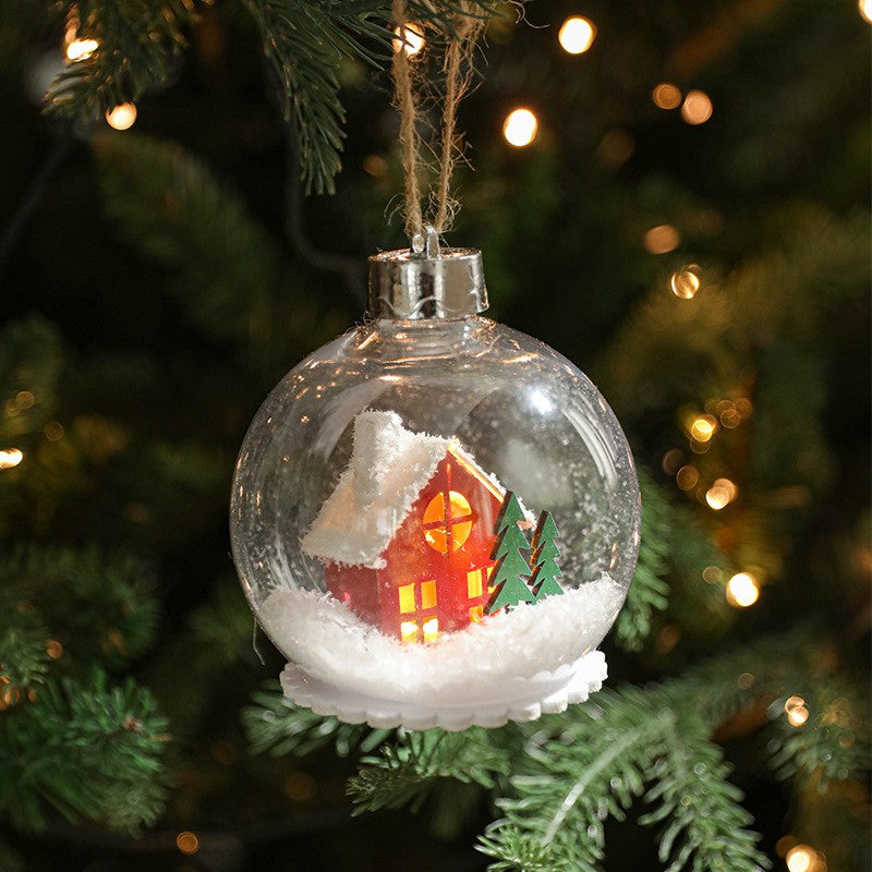 Glob pentru Bradul de Craciun LED, Flippy, Model A, Glob Transparent cu Figurina Casa si Braduti iluminat LED,