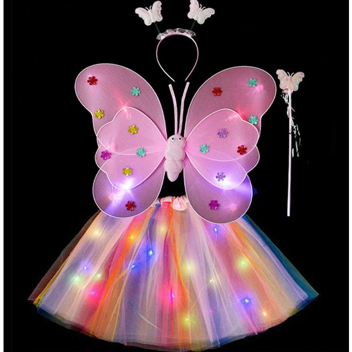 Costum Fluturas cu Aripi Modelabile Luminoase pentru Copii, Flippy, Fusta din Tul cu Lumini, Bagheta si Bentita, 4