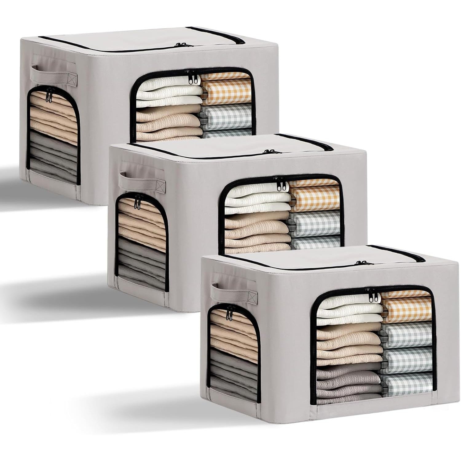 Cutie de Depozitare, Flippy, cu 3 Ferestre cu Fermoar Bidirectional, Cadru din Otel, Impermeabil, 38L, 42 x 30 x 30 cm,