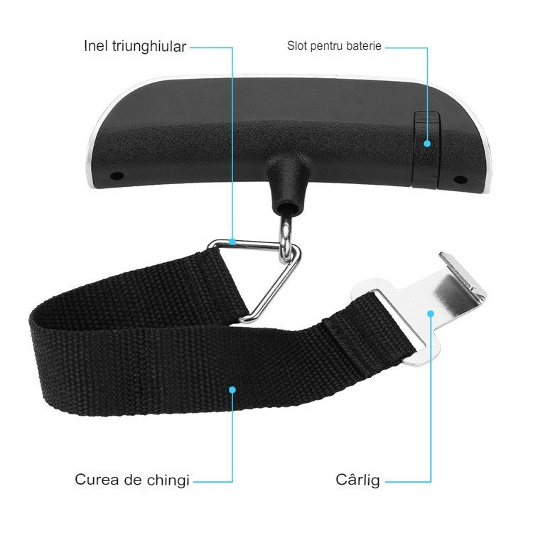 Cantar Digital de Mana Curea, Flippy, Cantar Portabil, Cantarire Bagaje, Capacitate 50 kg, Functie de Tara, 12.5 x 2.8