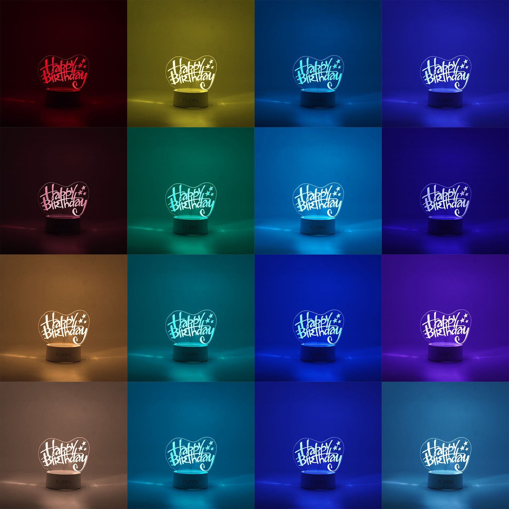 Lampa LED decorativa, Flippy, 3D, Happy Birthday, cu USB si baterii, 20 cm inaltime, din material acril, lumina