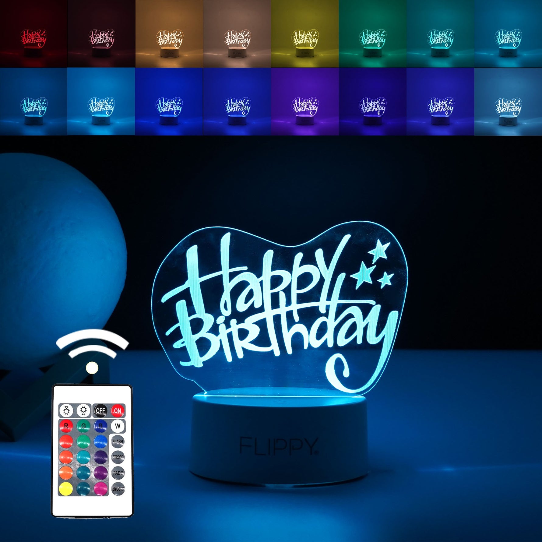 Lampa LED decorativa, Flippy, 3D, Happy Birthday, cu USB si baterii, 20 cm inaltime, din material acril, lumina