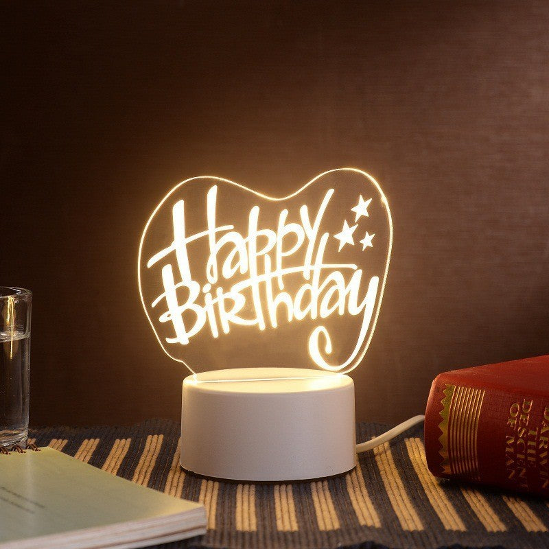 Lampa LED decorativa, Flippy, 3D, Happy Birthday, cu USB si baterii, 20 cm inaltime, din material acril, lumina
