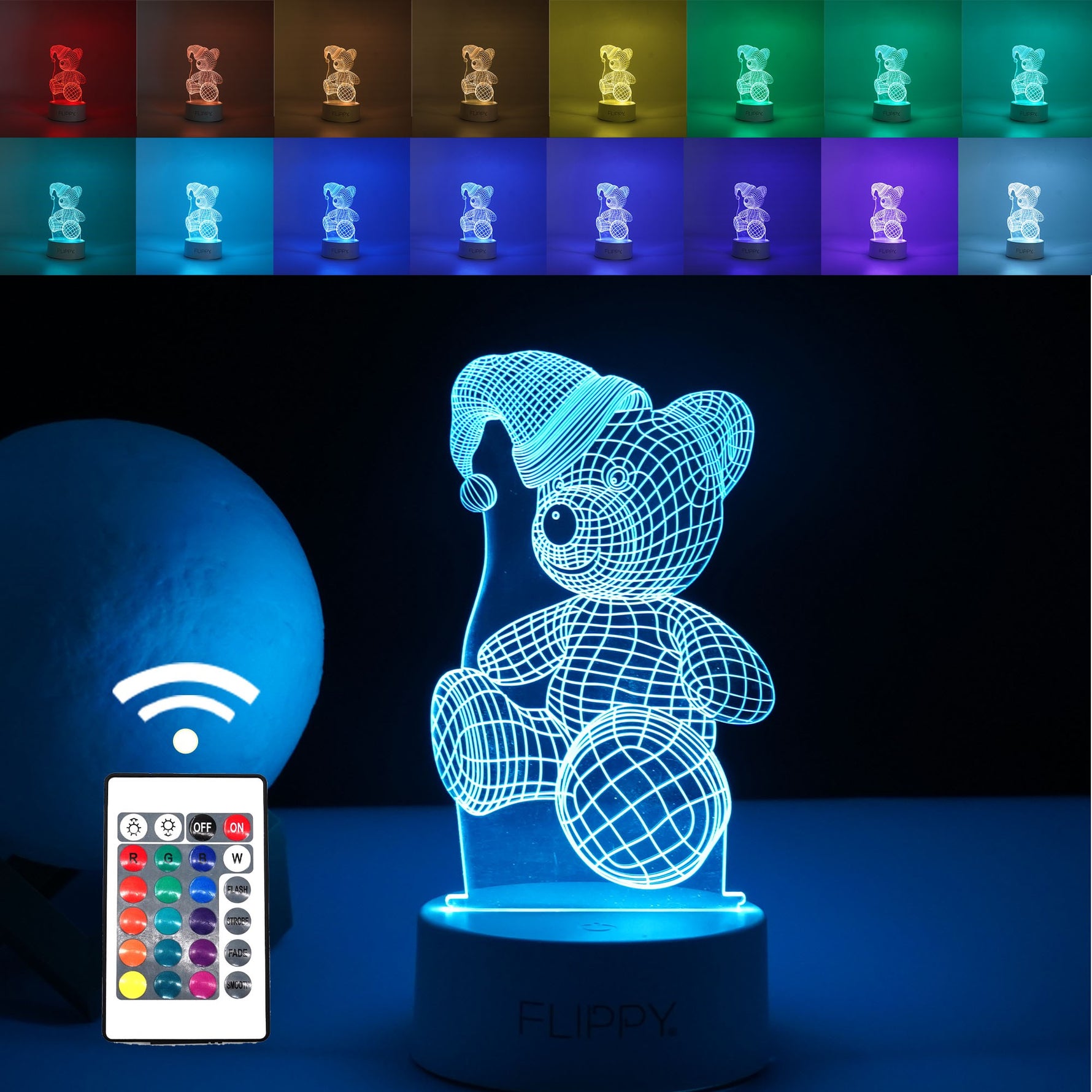 Lampa LED decorativa, Flippy, 3D, Urs cu palarie, cu telecomanda, doua moduri de alimentare USB si baterii, 20 cm