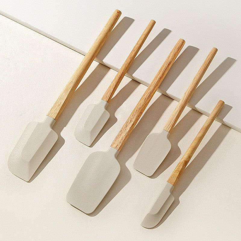 Set 5 Ustensile de Bucatarie, Flippy, din Silicon si Lemn, Spatule de Diferite Dimensiuni, Termorezistente,