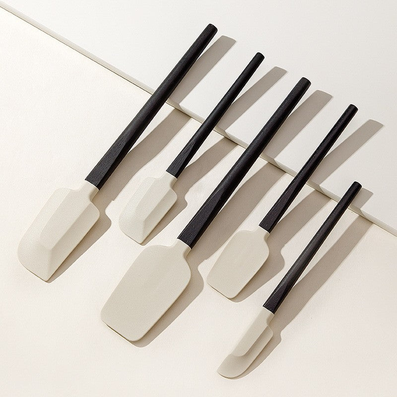 Set 5 Ustensile de Bucatarie, Flippy, din Silicon si Lemn, Spatule de Diferite Dimensiuni, Termorezistente,