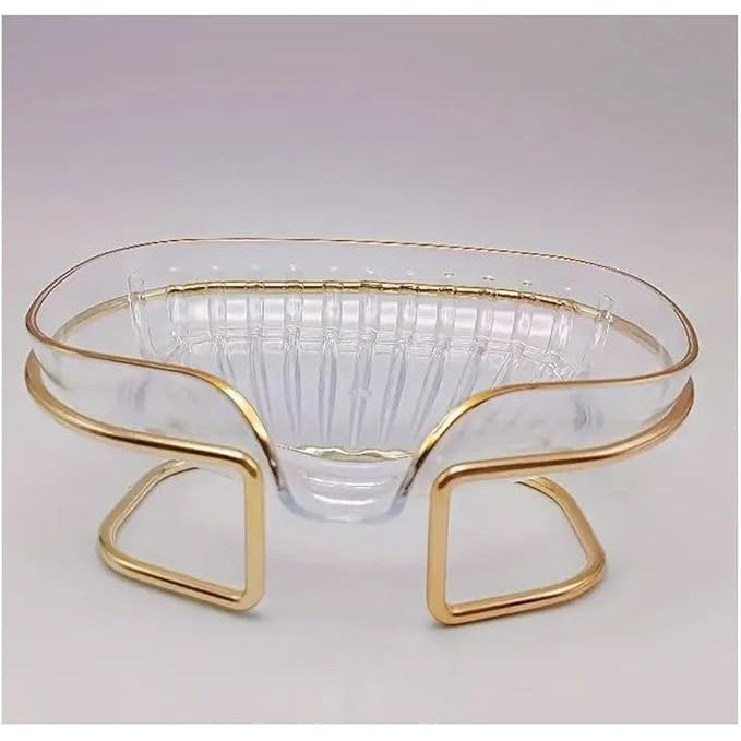 Savoniera cu Suport, Flippy, Sistem de Scurgere a Apei, Margine Aurie, 14 x 8.5 x 9 cm, din TPE, Transparent