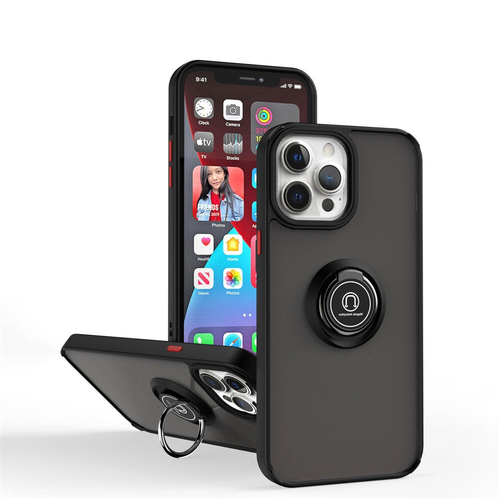 Husa Anti Fall Metal Bracket pentru Apple iPhone 13, Rezistenta la socuri, Margini colorate, Cu inel de prindere