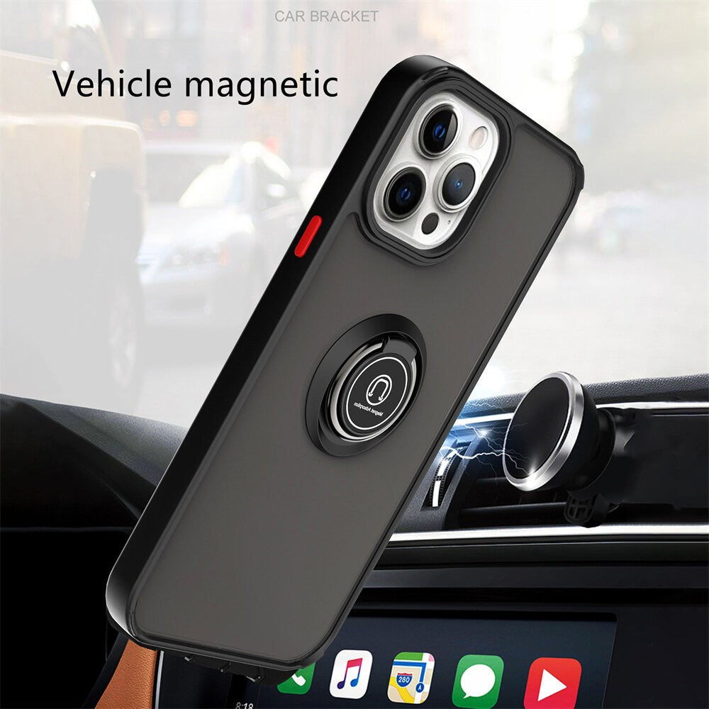 Husa Anti Fall Metal Bracket pentru Apple iPhone 14, Rezistenta la socuri, Margini colorate, Cu inel de prindere