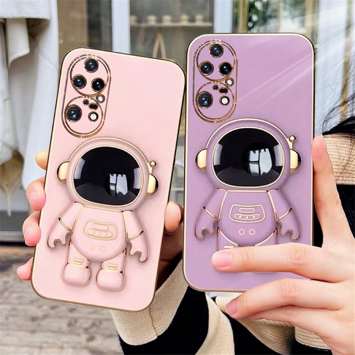 Husa Telefon 2in1, Flippy, Compatibila Huawei P60 Pro, Carcasa TPU cu Suport Inclus Tip Astronaut, Protectie Camere, Roz