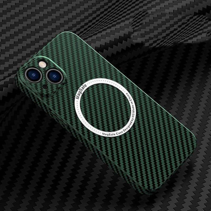 Husa de protectie pentru iPhone 14 Plus, Flippy, Magnetica, MagSafe, Carbon Fiber Protectie Antisoc, Verde