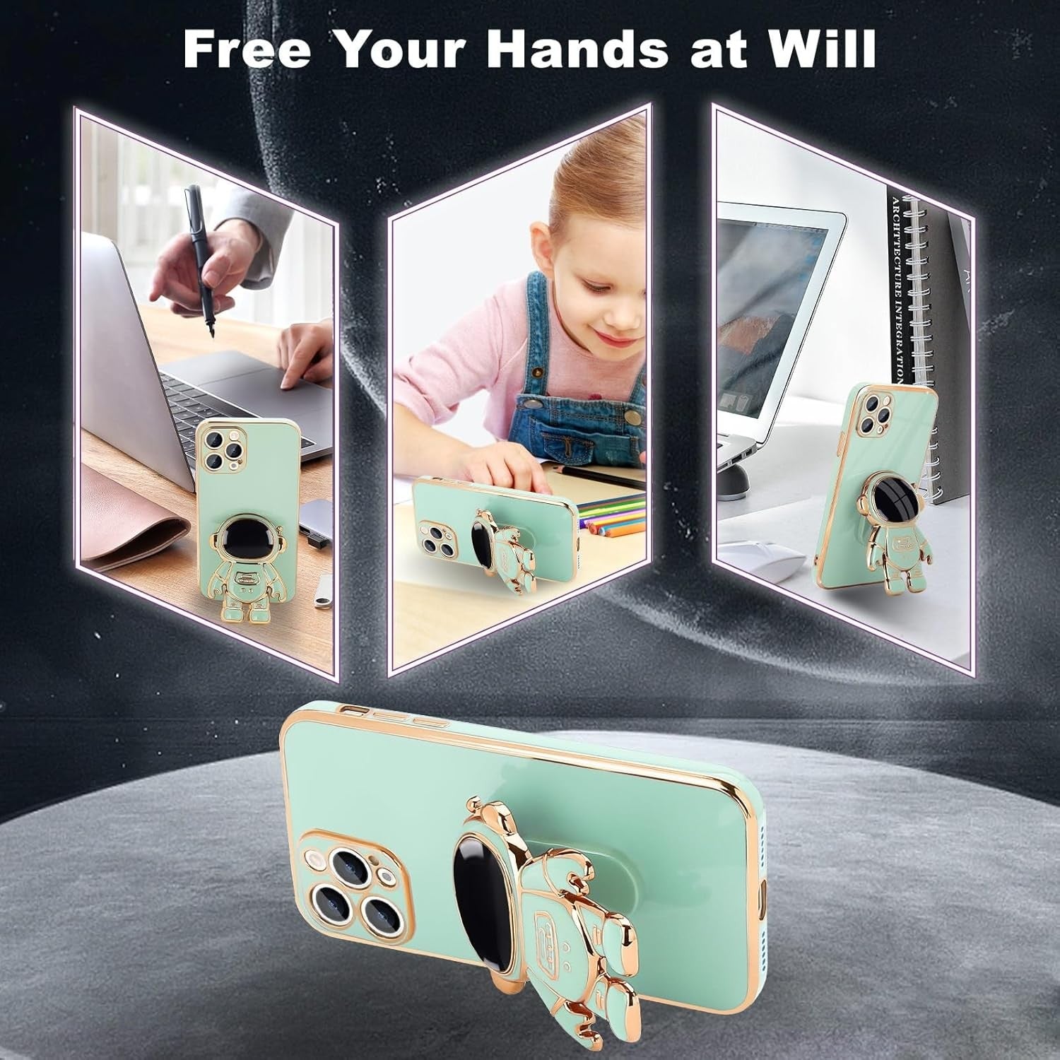 Husa de Protectie TPU 2in1, Flippy, pentru Apple iPhone 14 Pro, Astronaut cu Suport, Antisoc, Rezistenta la Impact,