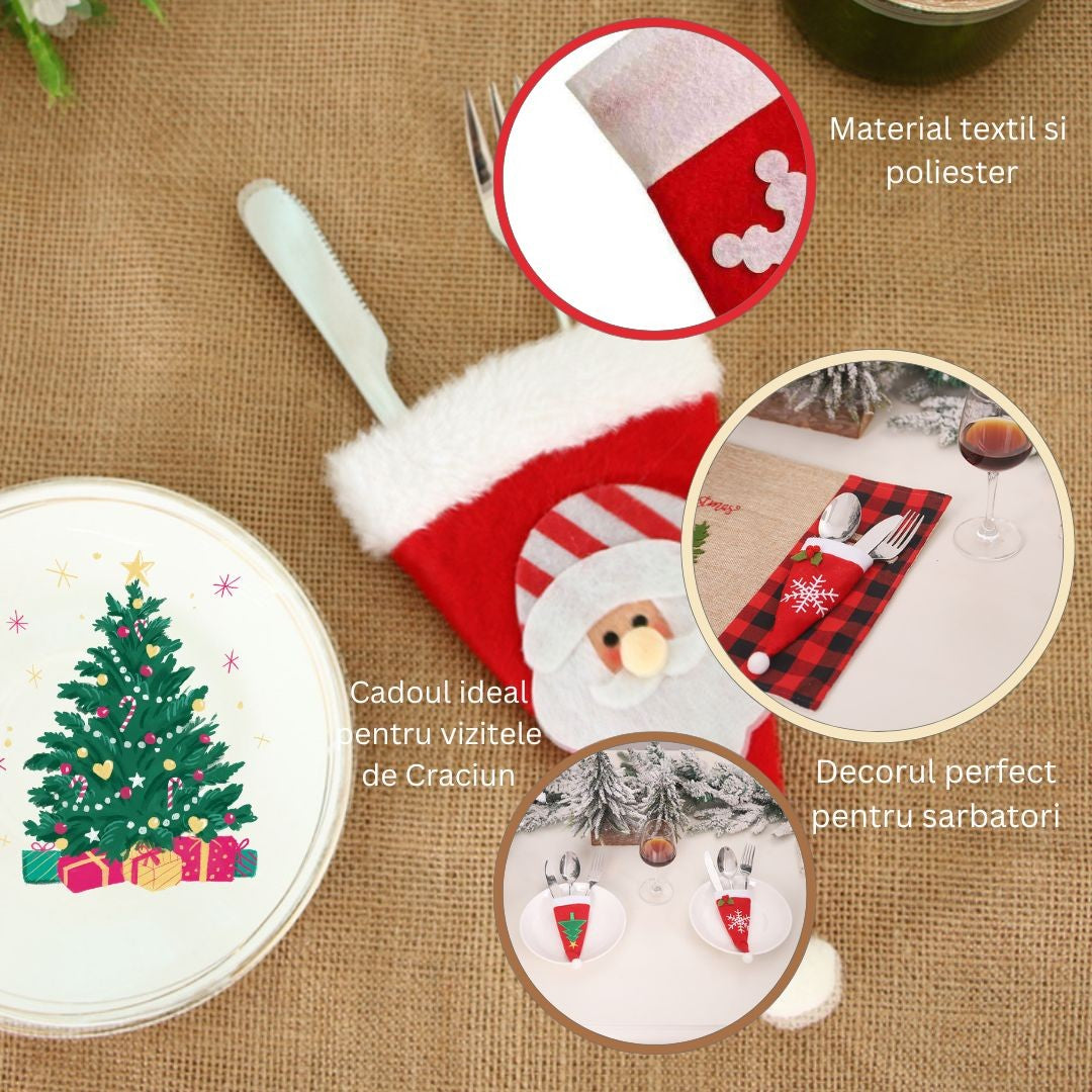 Husa decorativa festiva pentru 3 tacamuri Flippy, model caciulita cu Mos Craciun, material textil si poliester, 19 x 10
