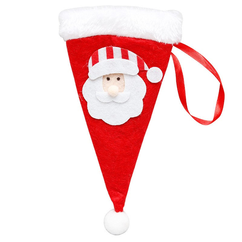 Husa decorativa festiva pentru 3 tacamuri Flippy, model caciulita cu Mos Craciun, material textil si poliester, 19 x 10