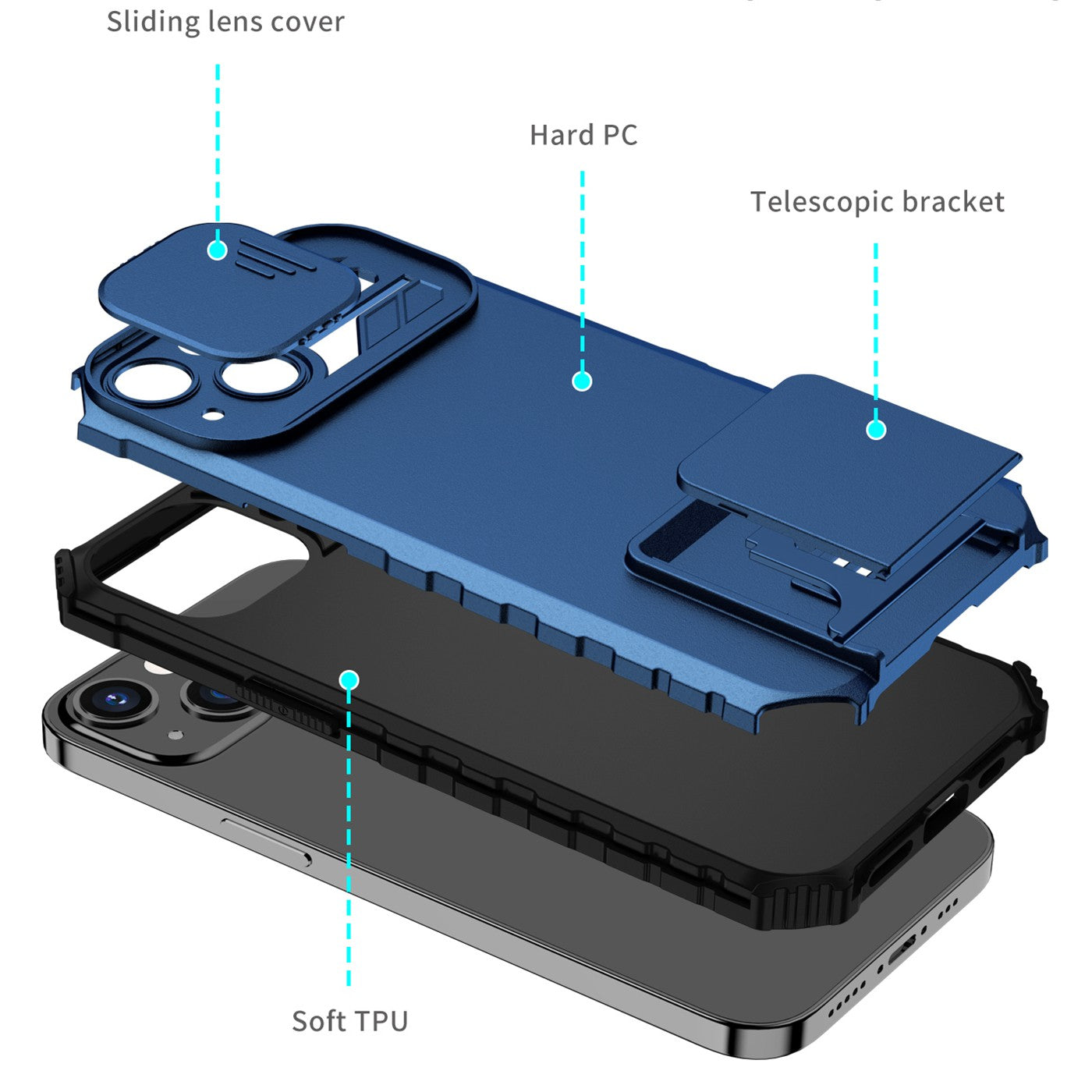 Husa Defender cu Stand pentru iPhone 13 Pro Max, Albastru, Suport reglabil, Antisoc, Protectie glisanta pentru camera,