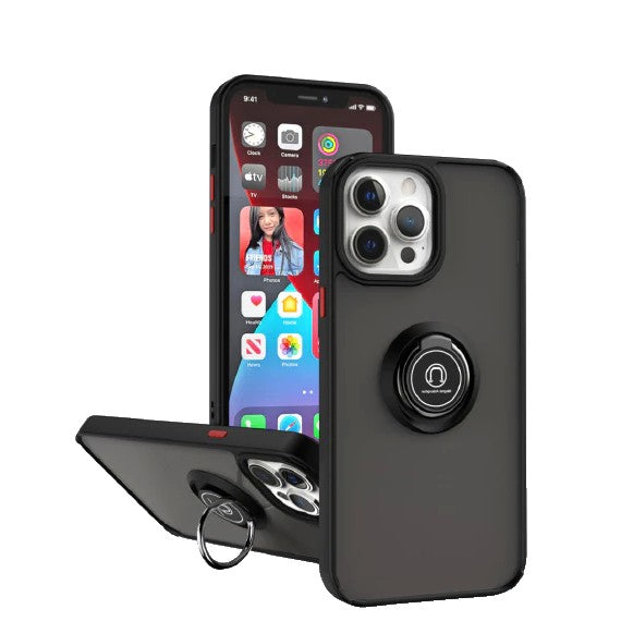 Husa Anti Fall Metal Bracket pentru Apple iPhone 13, Rezistenta la socuri, Margini colorate, Cu inel de prindere