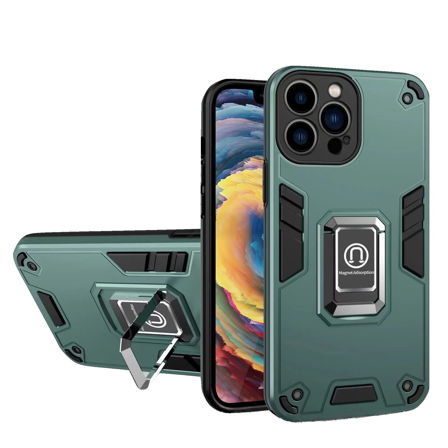 Husa Iron Warriors pentru iPhone 14, Flippy, Hybrid Ring Holder Kickstand, Verde inchis