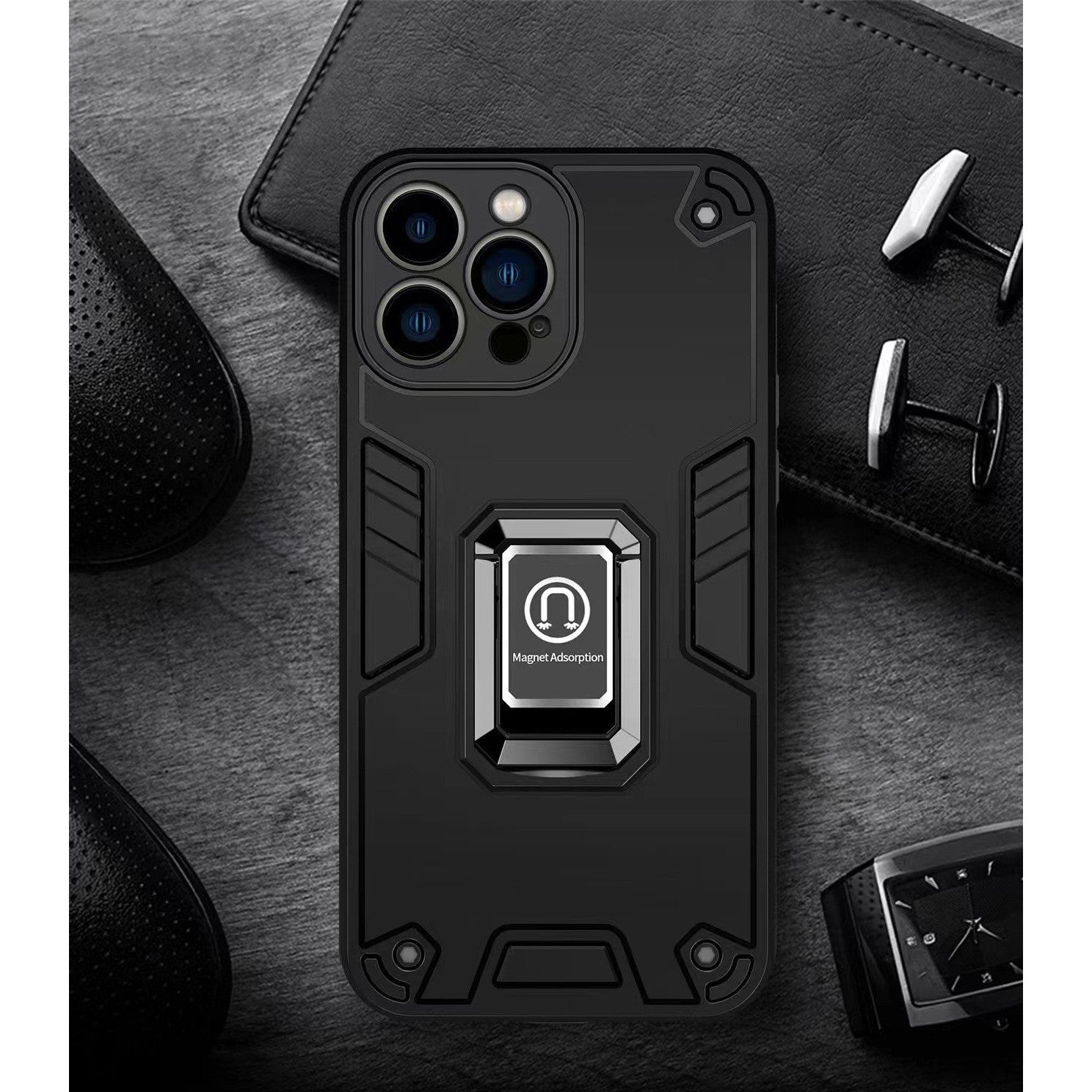 Husa Iron Warriors pentru iPhone 14 pro, Flippy, Hybrid Ring Holder Kickstand, Negru