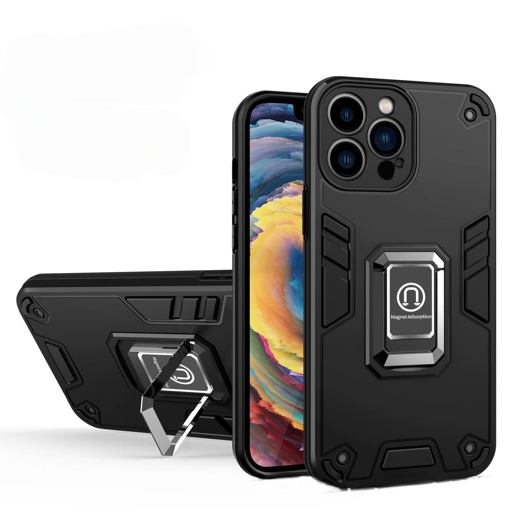 Husa Iron Warriors pentru iPhone 14 pro, Flippy, Hybrid Ring Holder Kickstand, Negru