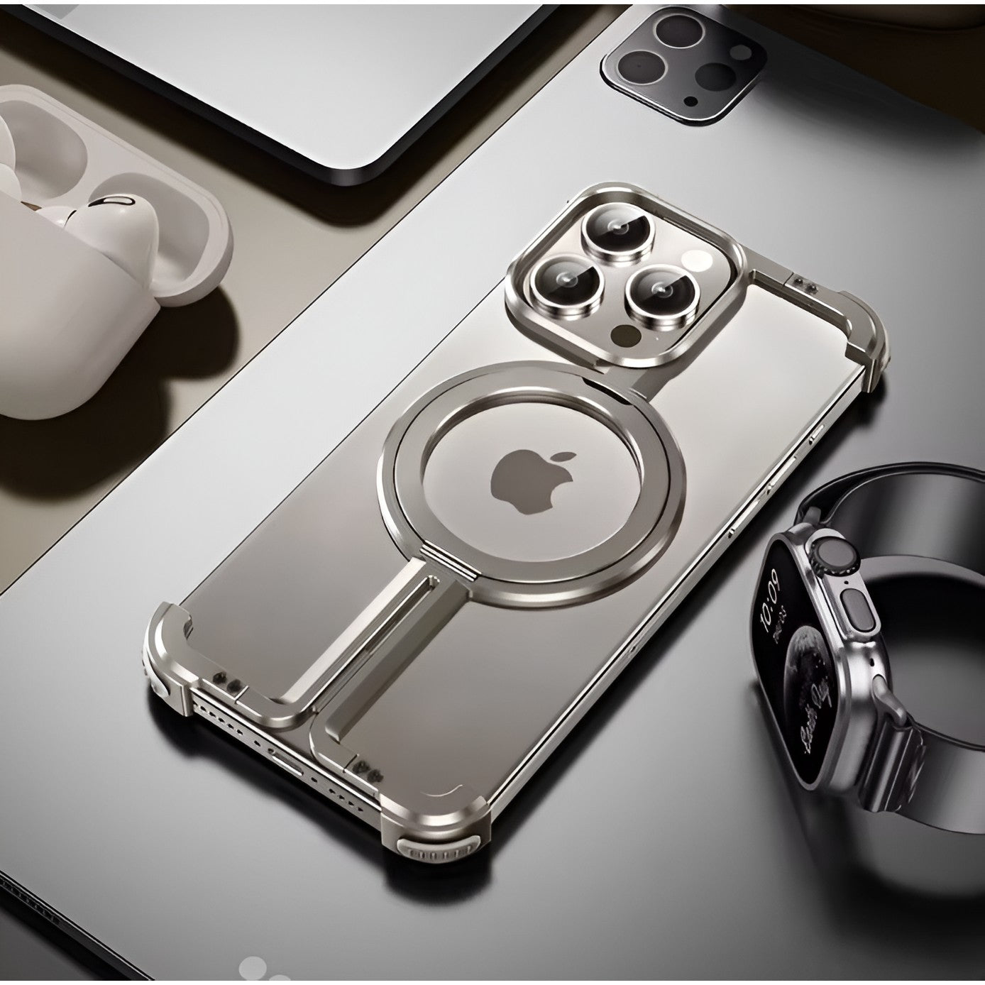 Husa MagSafe Metalica Compatibila cu iPhone 15 Pro, Flippy, Clear Case, Aliaj de Aluminiu, cu Magnet, fara Rama,