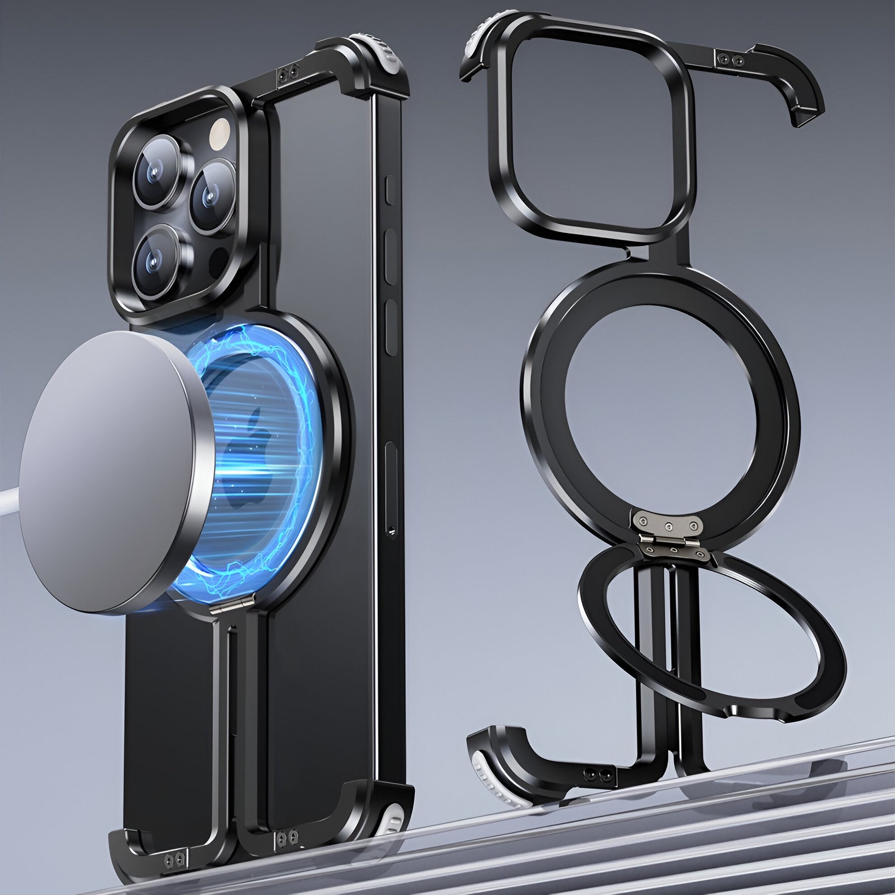Husa MagSafe Metalica Compatibila cu iPhone 15 Pro Max, Flippy, Clear Case, Aliaj de Aluminiu, cu Magnet, fara Rama,