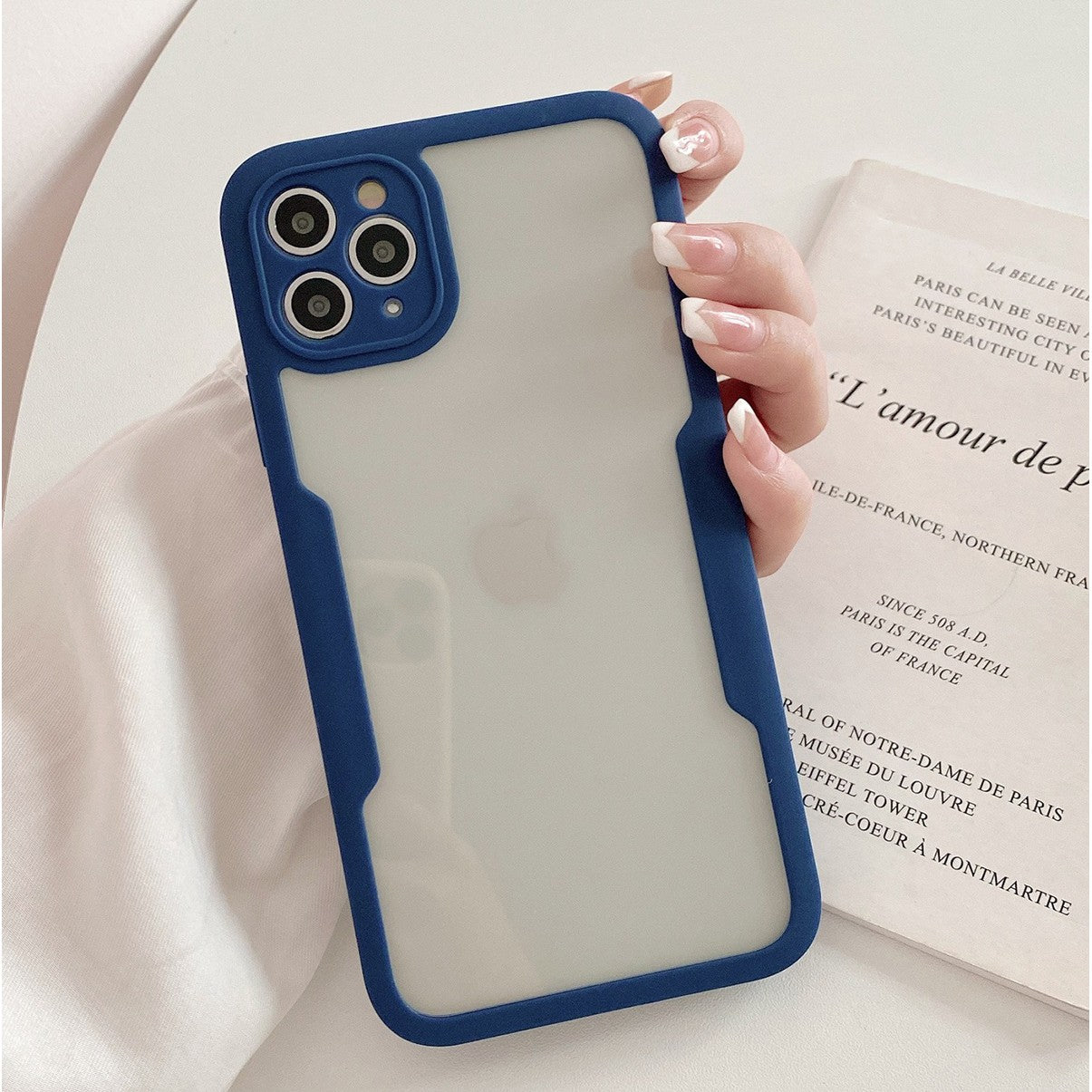Husa Max Defence pentru iPhone 13 Pro, Bumper Albastru, Fata Dubla Transparenta, Protectie Antisoc Full 360 ( fata,