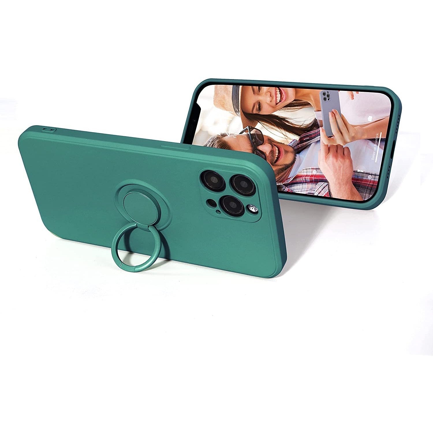 Husa protectie Flippy compatibila cu Apple iPhone 13 Pro Max Liquid Silicone Ring cu suport rotativ Verde