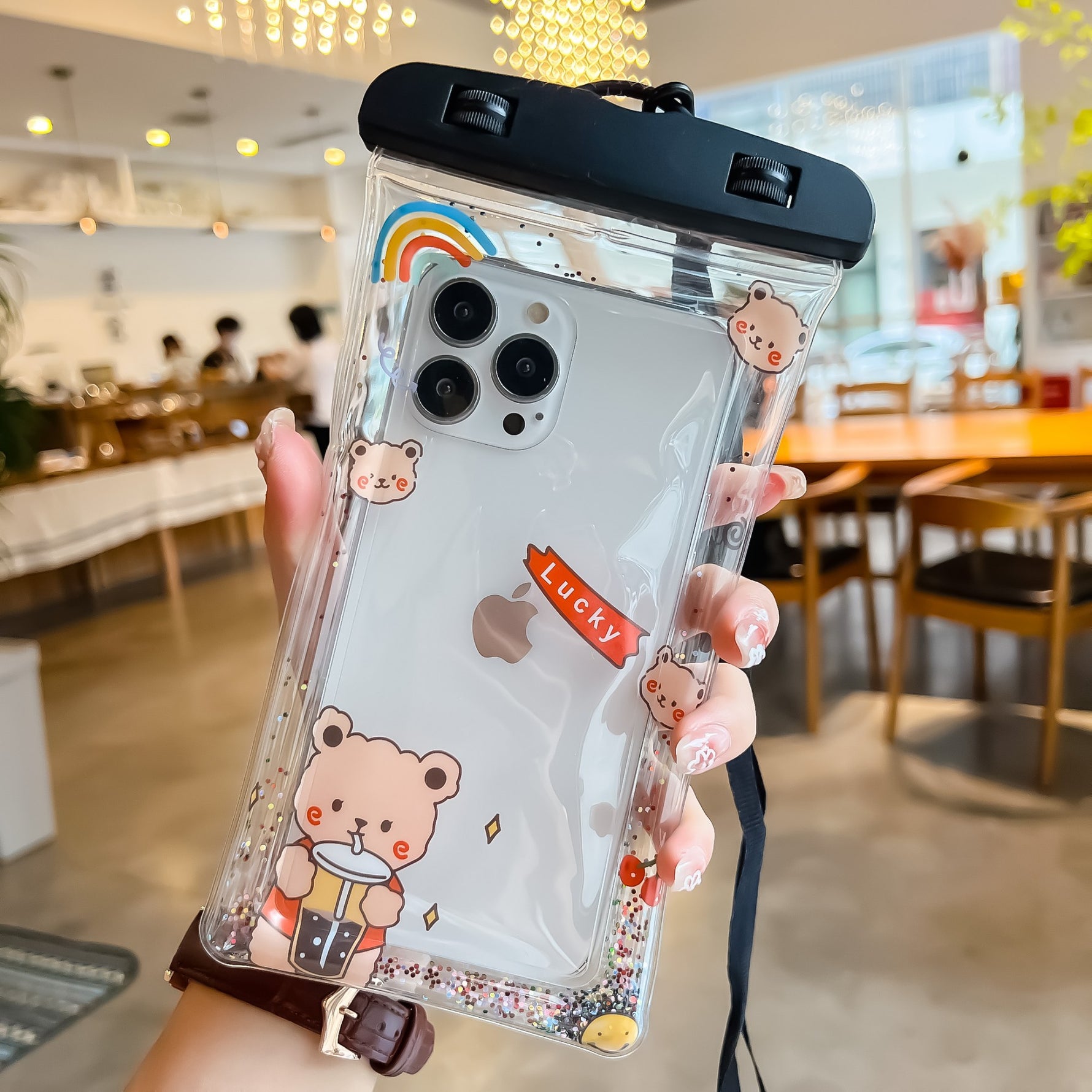 Husa subacvatica Glitter Kids Waterproof Flippy, Snowproof, Universala, cu Snur, pentru telefon sau documente, Lucky