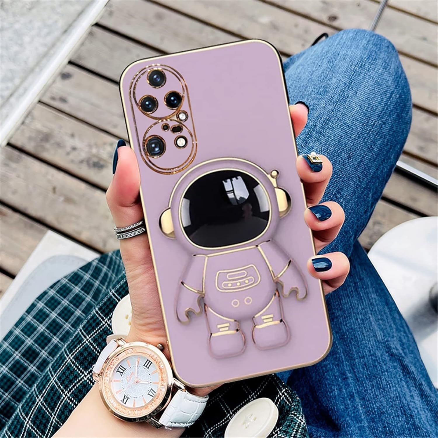 Husa Telefon 2in1, Flippy, Compatibila Huawei P60 Pro, Carcasa TPU cu Suport Inclus Tip Astronaut, Protectie Camere, Mov