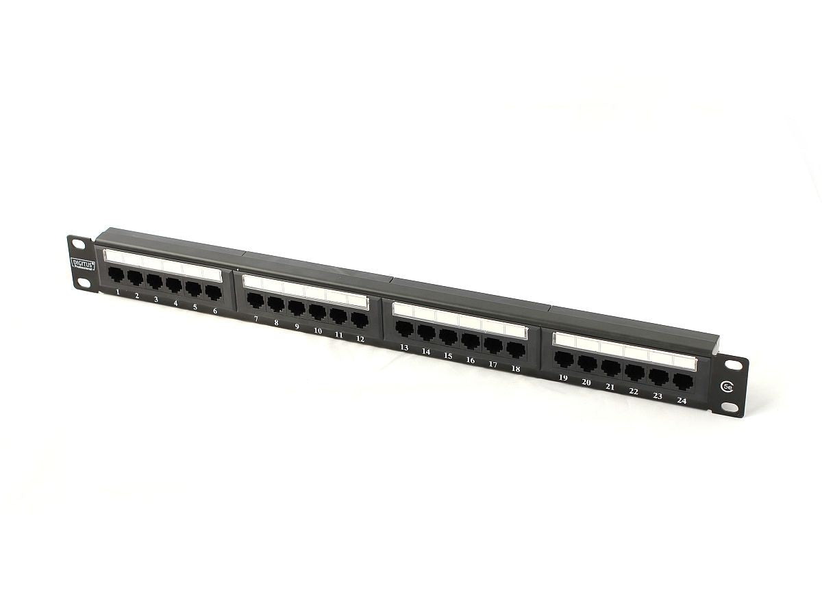 Patch panel 19" 24 porturi, cat.5e, U/UTP, 1U, negru (complet)