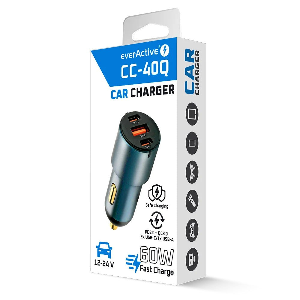 Încărcător auto CC-40Q QC3.0 60W 1X USB 2X USB-C PD Negru