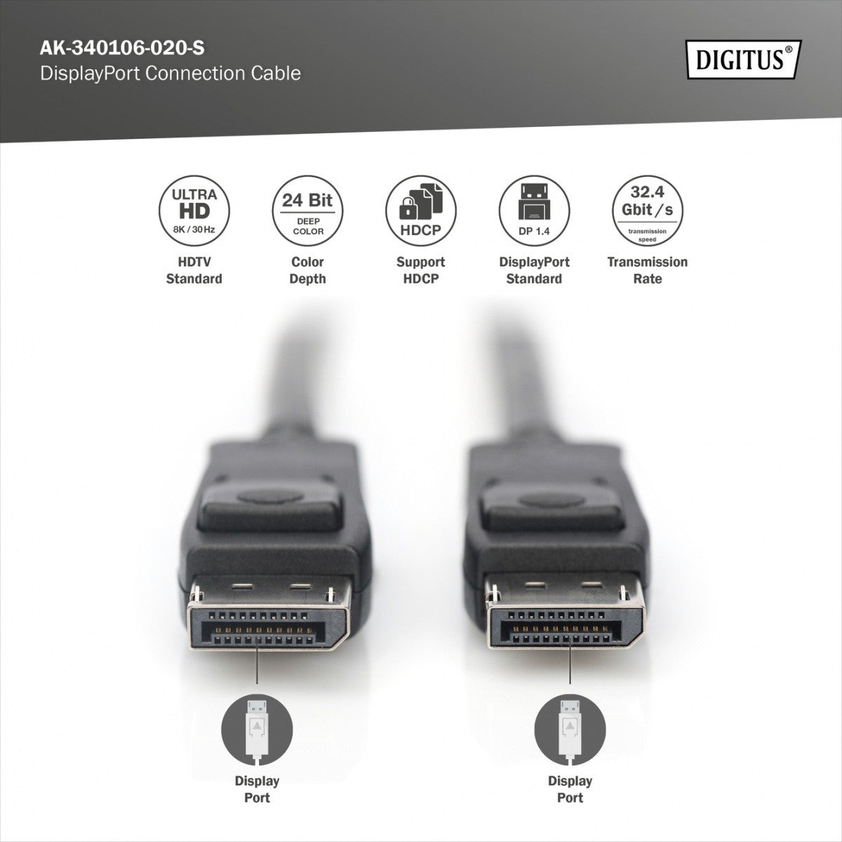 Cablu de conectare DisplayPort cu zăvoare 8K 30Hz UHD tip DP/DP M/M negru 2m