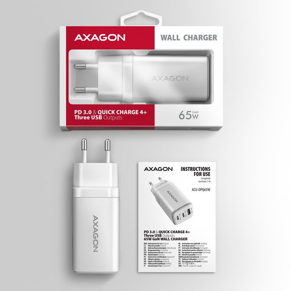 Încărcător de perete ACU-DPQ65W GaN 65W, 3 porturi (USB-A + USB-C dual) PD3.0/QC4+/PPS/Apple, alb