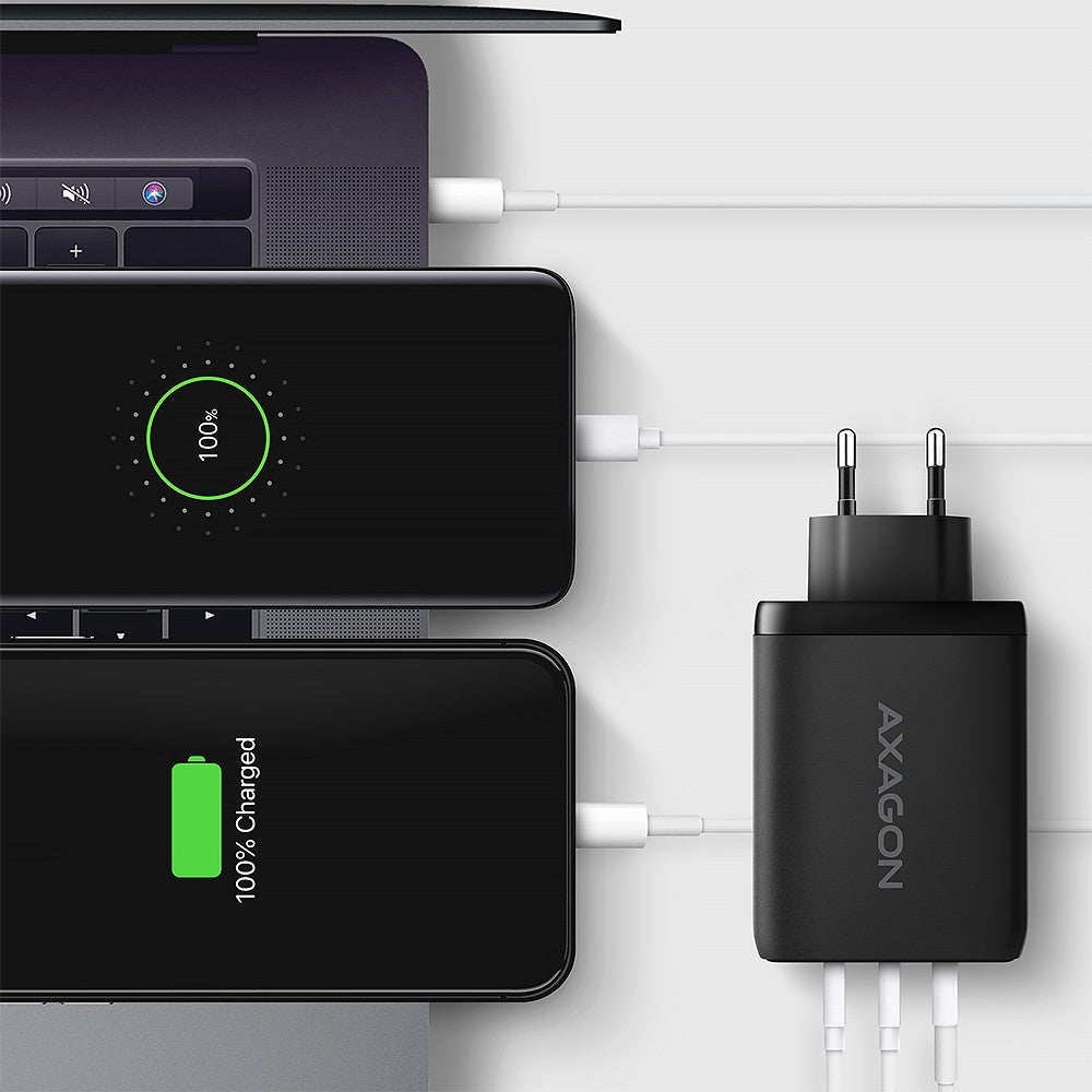 Încărcător de perete ACU-DPQ100 GaN 100W, 3 porturi (USB-A + USB-C dual) PD3.0/QC4+/PPS/Apple Negru