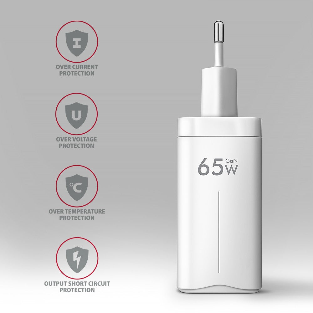 Încărcător de perete ACU-DPQ65W GaN 65W, 3 porturi (USB-A + USB-C dual) PD3.0/QC4+/PPS/Apple, alb