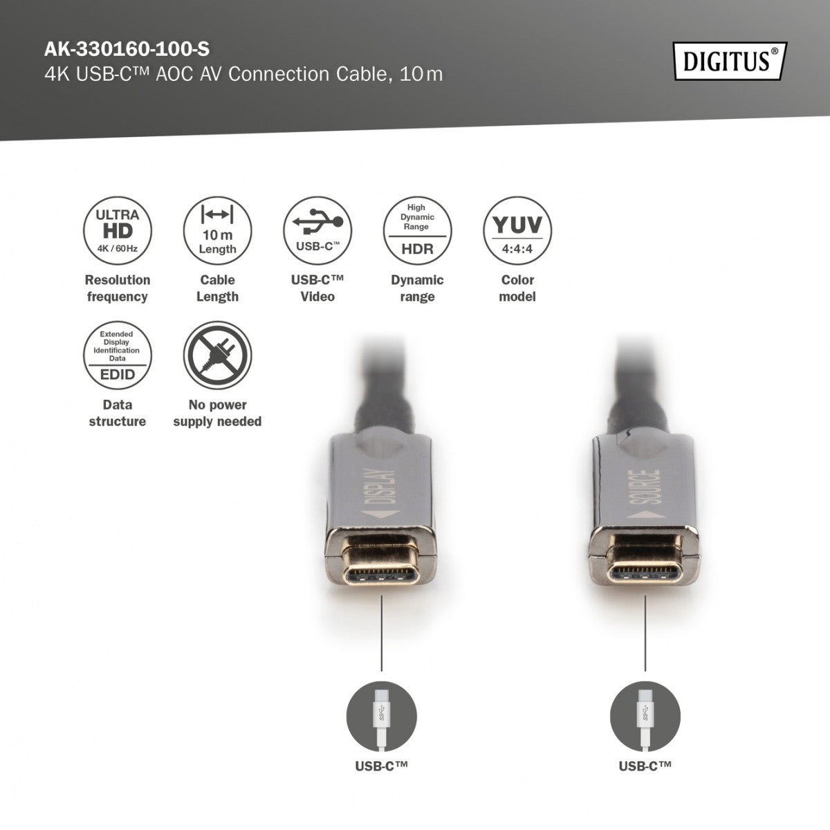 Cablu de conectare hibrid AOC USB 3.1 Tip C/USB Tip C 4K 60Hz 10m