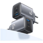 Încărcător de perete cu încărcare rapidă T66 45W CC290 GaN 1xUSB-A 1xUSB-C argintiu