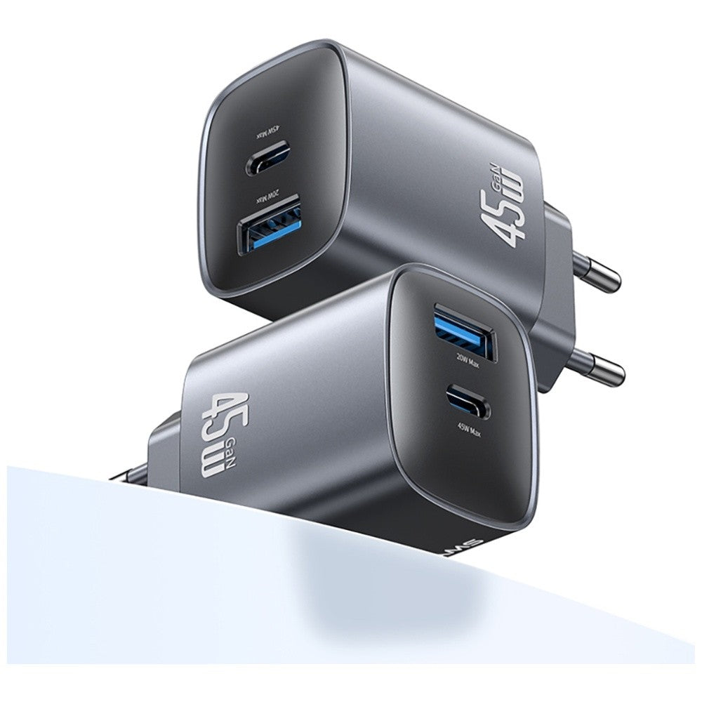 Încărcător de perete cu încărcare rapidă T66 45W CC290 GaN 1xUSB-A 1xUSB-C argintiu