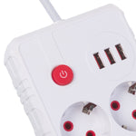 Prelungitor cu 2 prize MCE387 W 3xUSB, 110-240V AC 50/60Hz, 2.1A max 2500W, 1.5m, alb