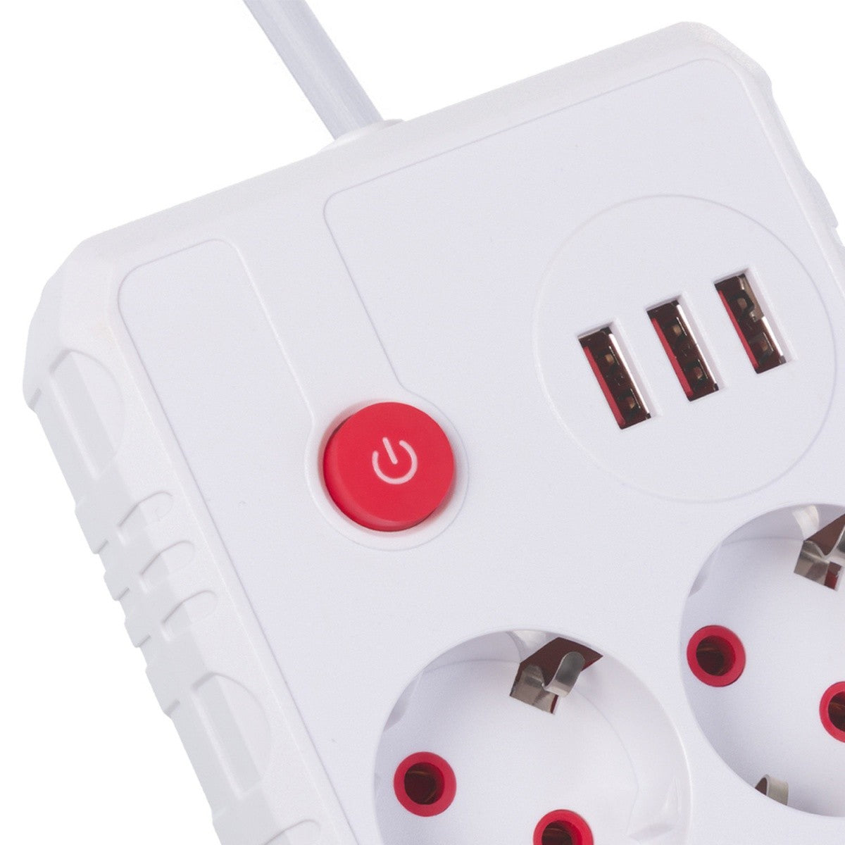 Prelungitor cu 2 prize MCE387 W 3xUSB, 110-240V AC 50/60Hz, 2.1A max 2500W, 1.5m, alb