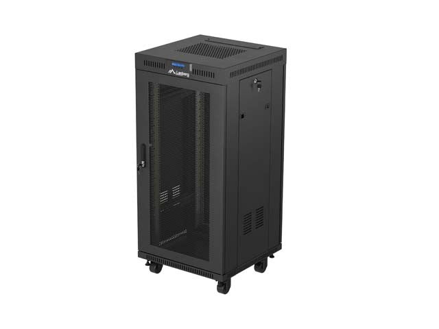 Dulap rack negru de podea 19" 24U 600x600 cu uși perforate, LCD (Pachet complet) V2